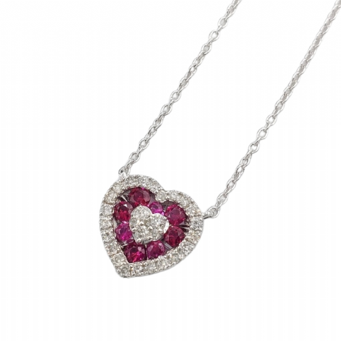 Diamond and Red Stones Heart with Gold Chain 0.55ct 14K White Gold