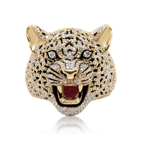 Diamond Cheetah Head Ring 1.62 ct. 14K Yellow Gold