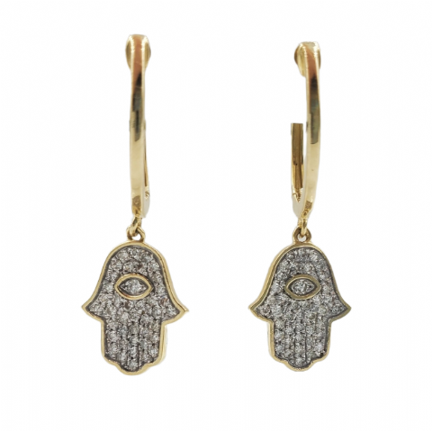 Diamond Hamsa Dangle Earrings 0.33ct 14K Yellow Gold