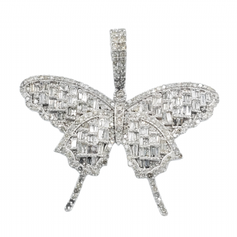 Baguette Diamond Butterfly Pendant 1.98ct 14K White Gold