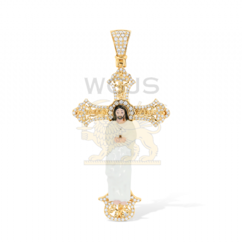 Diamond Cross Pendant Enamel Jesus 0.55 ct. 10k Yellow Gold