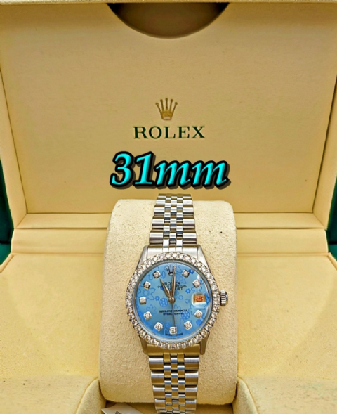 Diamond Bezel Rolex Datejust Watch 31MM Blue Floral Dial 1.00 ct.