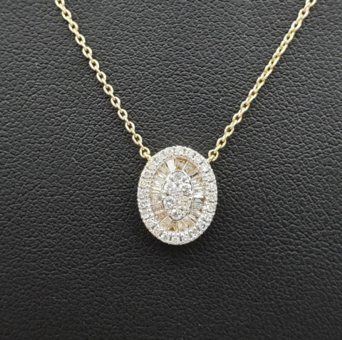Baguette Diamond Oval Pendant with Gold Chain 0.50ct 14K Yellow Gold
