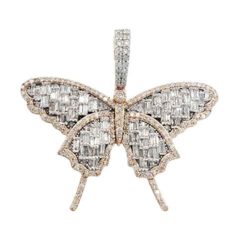 Baguette Diamond Butterfly Pendant 1.98ct 14K Rose Gold