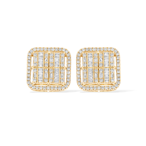 Rounded Square Baguette Diamond Earrings 1.32 ct. 14k Yellow Gold