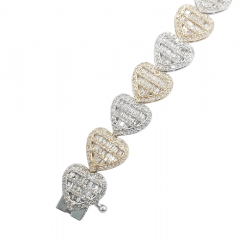 Baguette Diamond Heart Bracelet 7.65ct 14k Yellow and White Gold