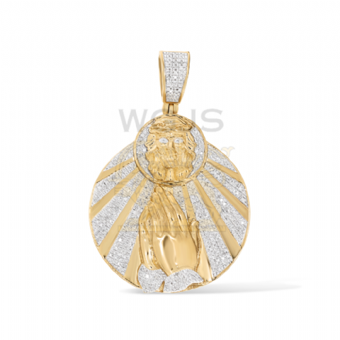 Diamond Jesus Head Prayer Hands Medallion 0.48 ct. 10k Yellow Gold
