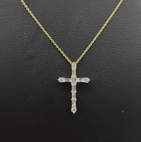 Baguette Diamond Cross with Gold Chain 0.68ct 14K Yellow Gold