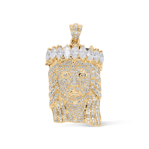 Diamond Jesus Head Pendant With Marquise Crown 4.10 ct. 14k Yellow Gold