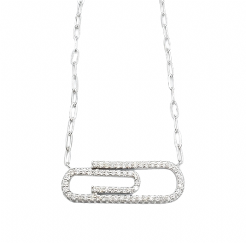 Diamond Paperclip Pendant with Gold Chain 1.60ct 14K White Gold