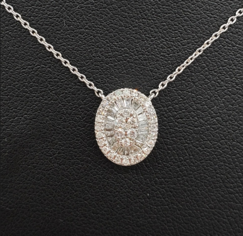 Baguette Diamond Oval Pendant with Gold Chain 0.50ct 14K White Gold