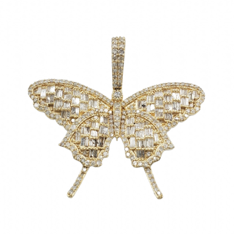 Baguette Diamond Butterfly Pendant 1.98ct 14K Yellow Gold