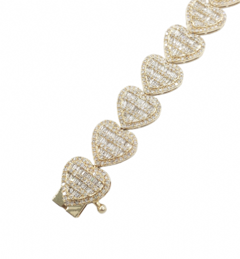 Baguette Diamond Heart Bracelet 7.65ct 14k Yellow Gold