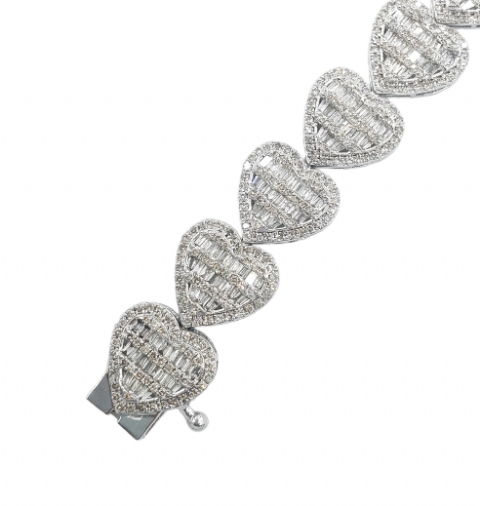 Baguette Diamond Heart Bracelet 7.65ct 14k White Gold