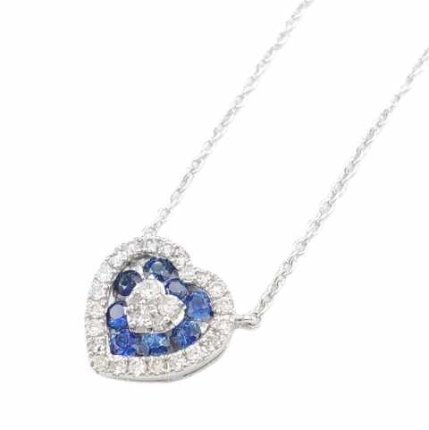 Diamond and Blue Stones Heart with Gold Chain 0.55ct 14K White Gold