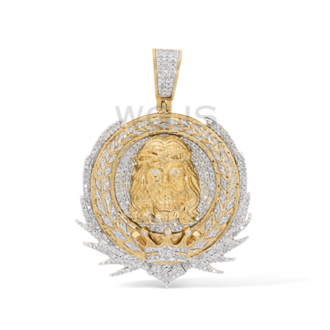 Diamond Jesus Head Crown Medallion 0.72 ct. 10k Yellow Gold