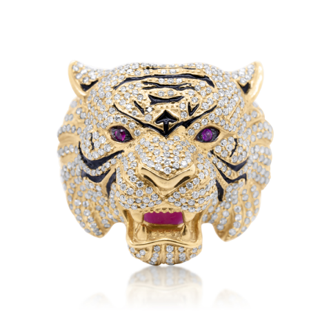 Diamond Tiger Head Ring 2.05 ct. 10K Yellow Gold