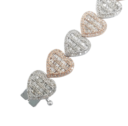 Baguette Diamond Heart Bracelet 7.65ct 14k Rose and White Gold