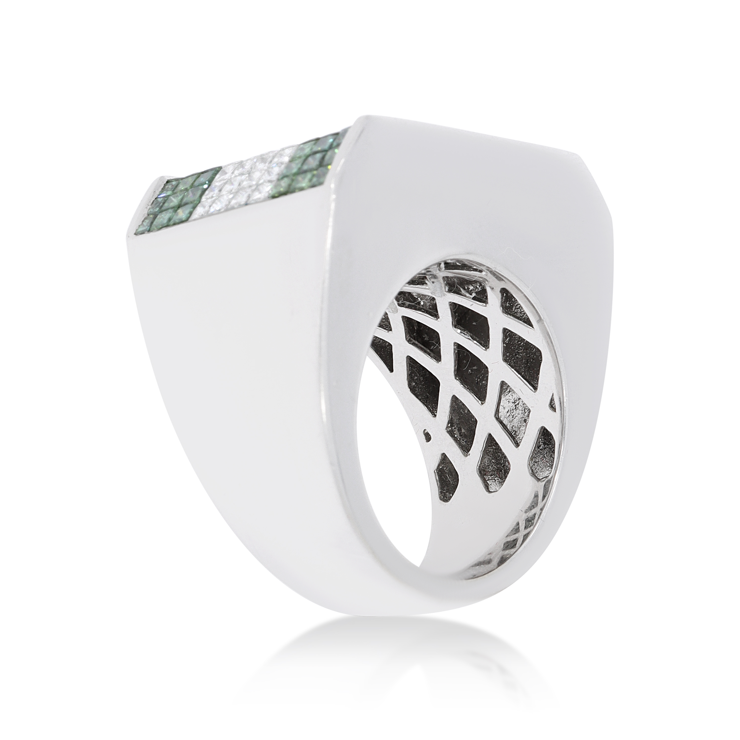 White and Green Princess Cut Diamond Ring 6.40 ct. 14K White Gold