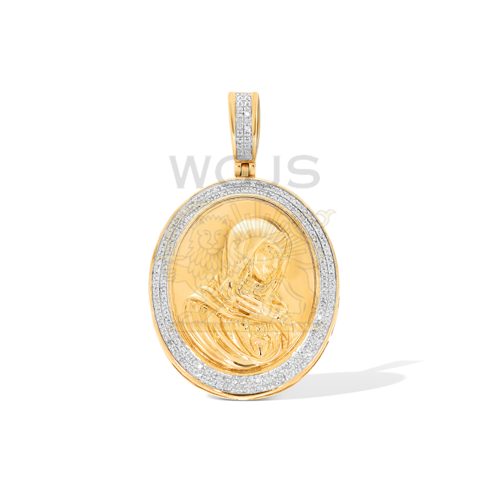 Diamond Mother Mary Oval Medallion Pendant 0.41 ct. 10k Yellow Gold