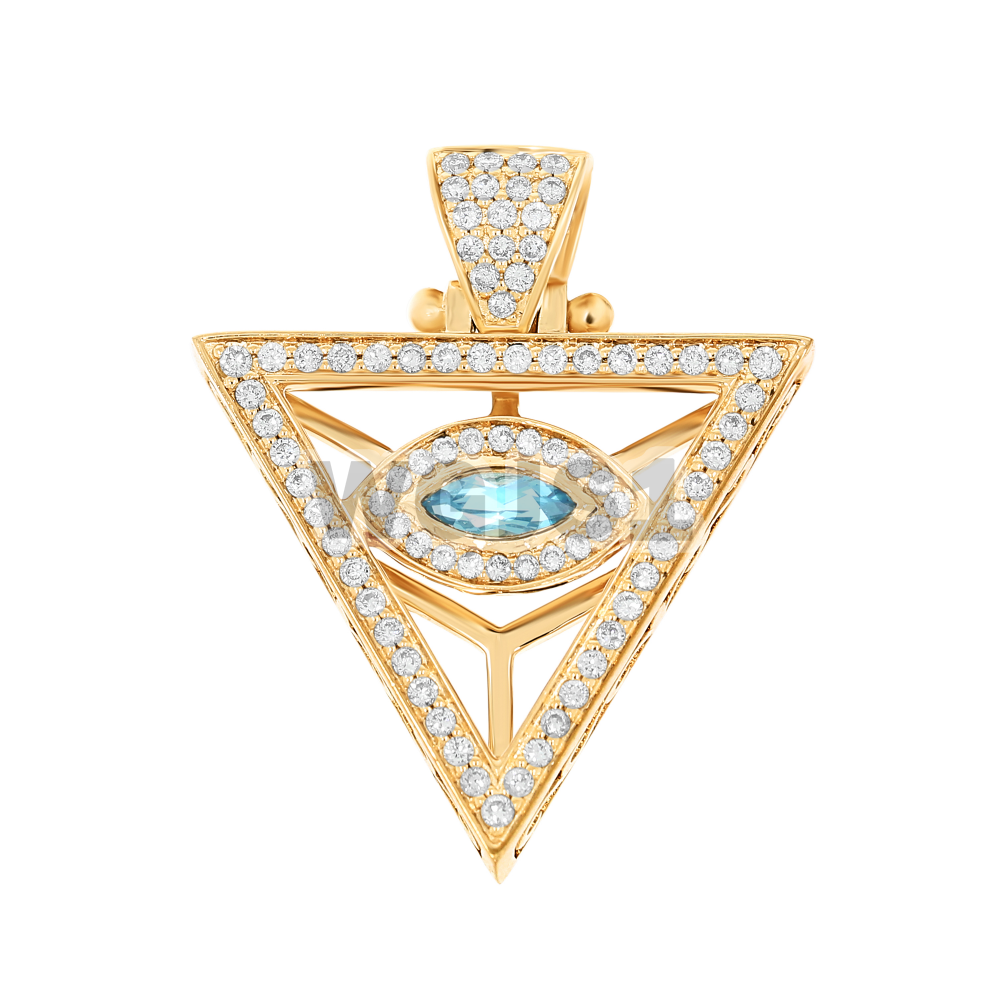Diamond 3D Triangle with Light Blue Eye Pendant 14k Yellow Gold