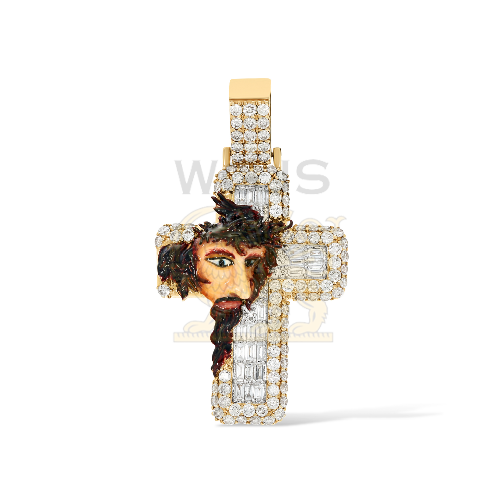 Diamond Cross Pendant with Enamel Jesus 2.60 ct. 10k Yellow Gold