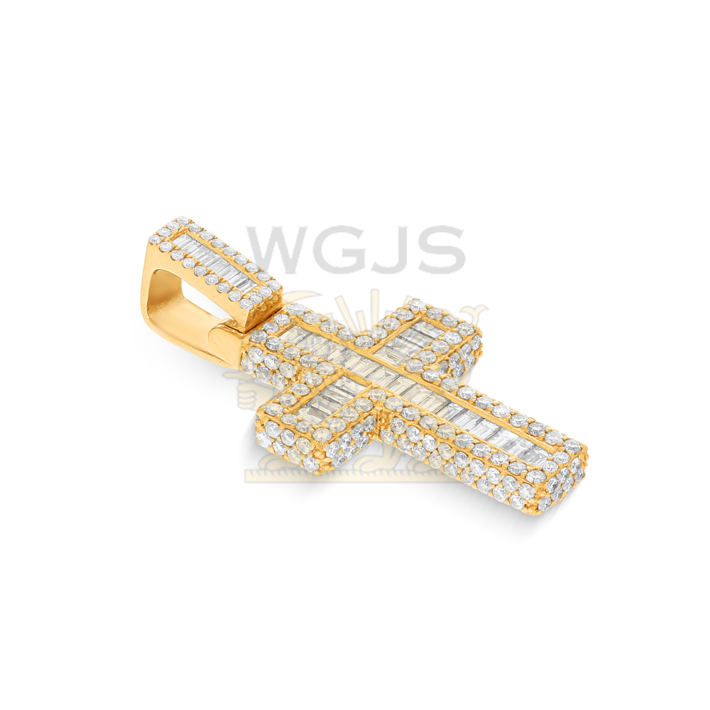 Baguette and Round Diamond Cross Pendant 2.40 ct. 14k Yellow Gold