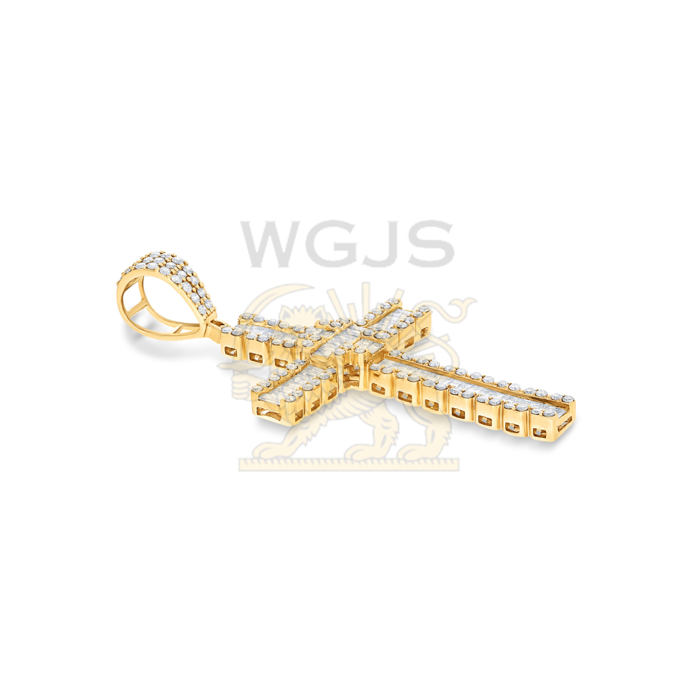 Baguette and Round Diamond Cross Pendant 2.00 ct. 14k Yellow Gold