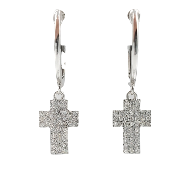 Diamond Cross Dangle Earrings 0.31ct 14K White Gold