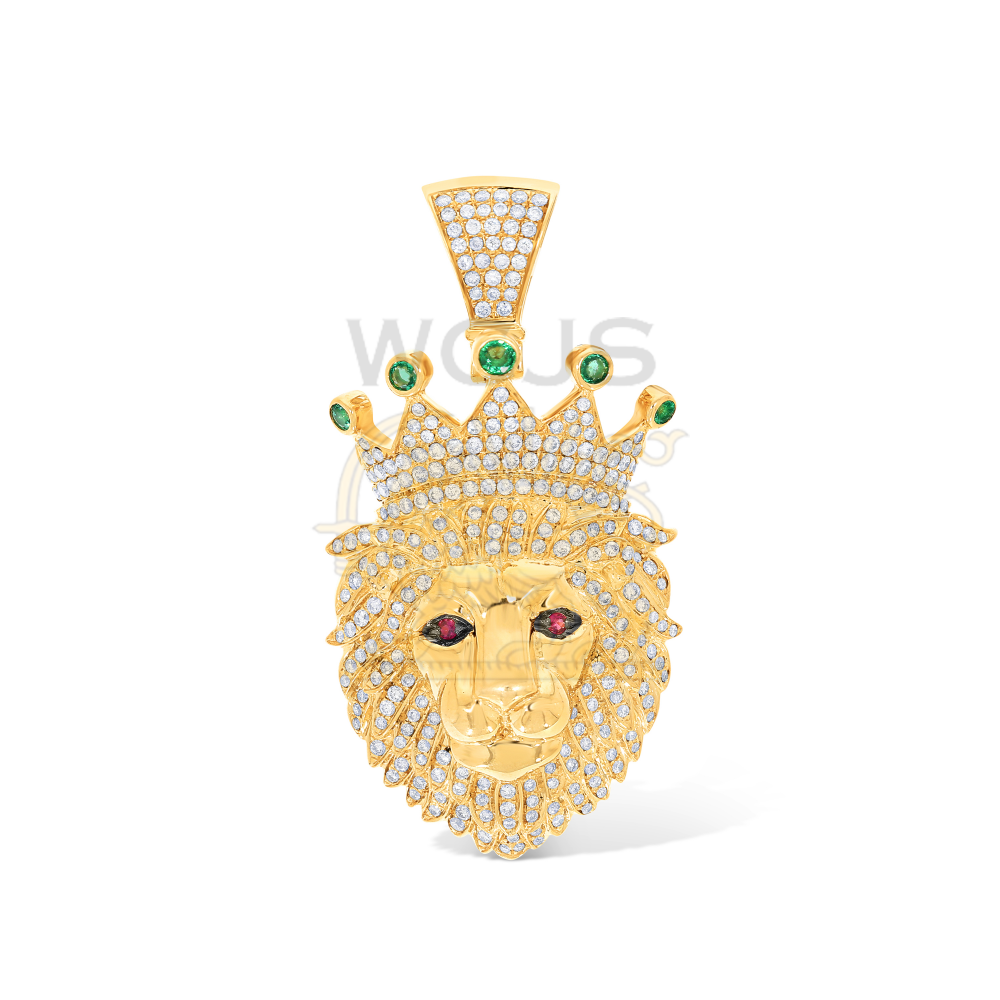 Diamond Lion Head with Crown Pendant 1.60 ct. 14k Yellow Gold