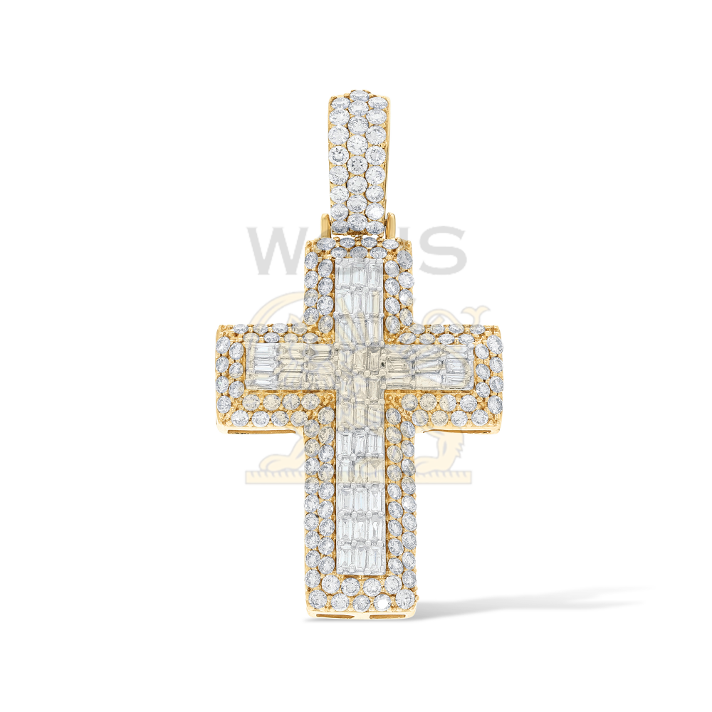Baguette and Round Diamond Cross Pendant 4.26 ct. 14k Yellow Gold