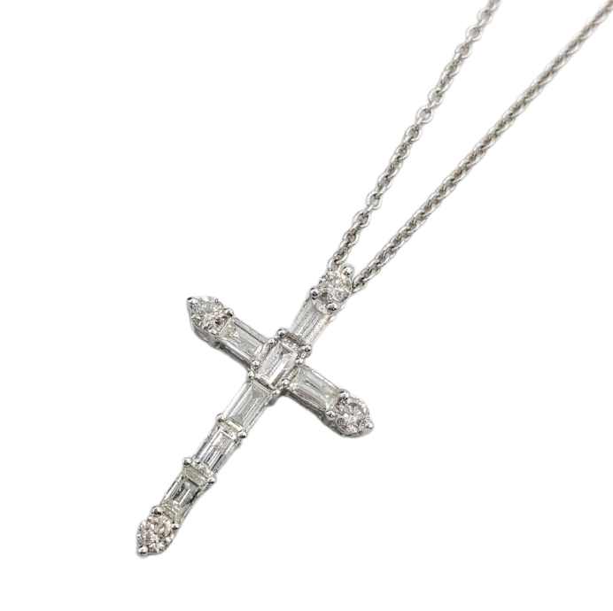 Baguette Diamond Cross with Gold Chain 0.68ct 14K White Gold
