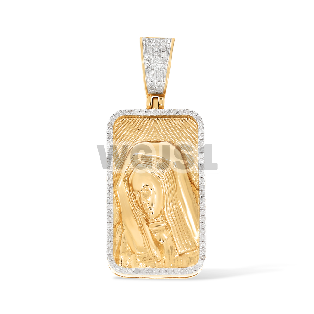 Diamond Mother Mary Rounded Rectangular Medallion 0.45 ct. 14k Yellow Gold