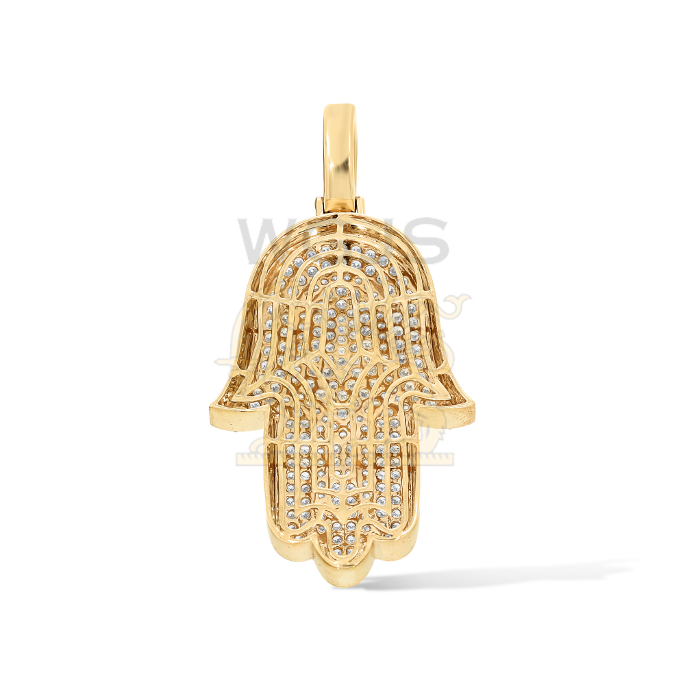 Diamond hamza hand pendant with diamond bail.  2.77 ct. 10k yellow gold