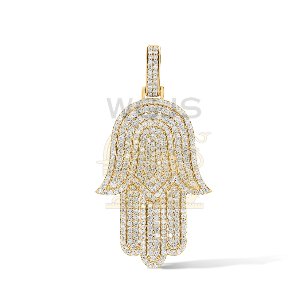 Diamond hamza hand pendant with diamond bail.  2.77 ct. 10k yellow gold