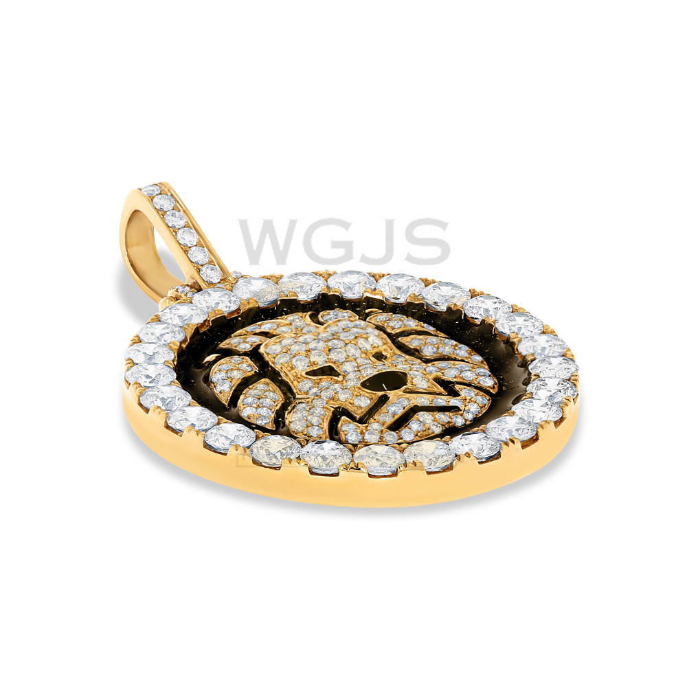Diamond Enamel Lion Head Medallion 4.72 ct. 14k Yellow Gold