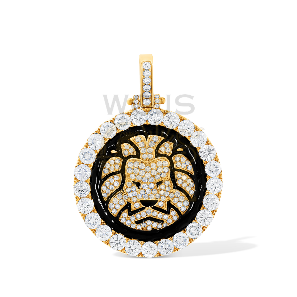 Diamond Enamel Lion Head Medallion 4.72 ct. 14k Yellow Gold