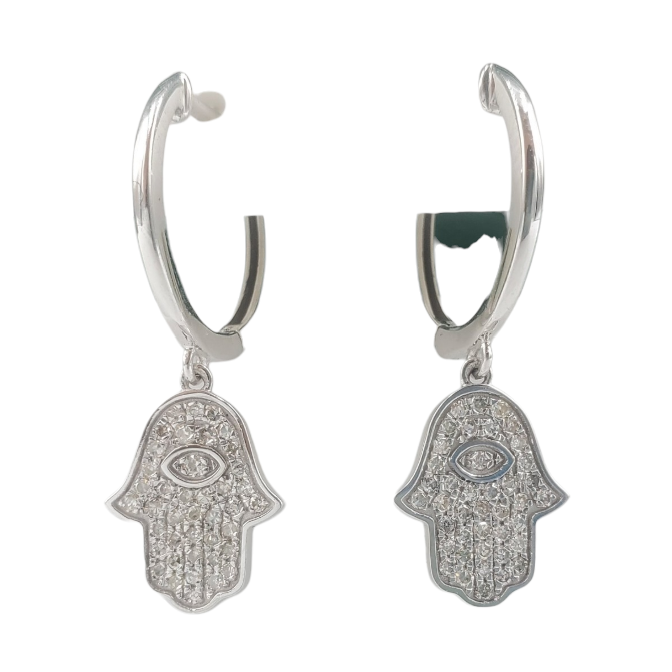Diamond Hamsa Dangle Earrings 0.33ct 14K White Gold