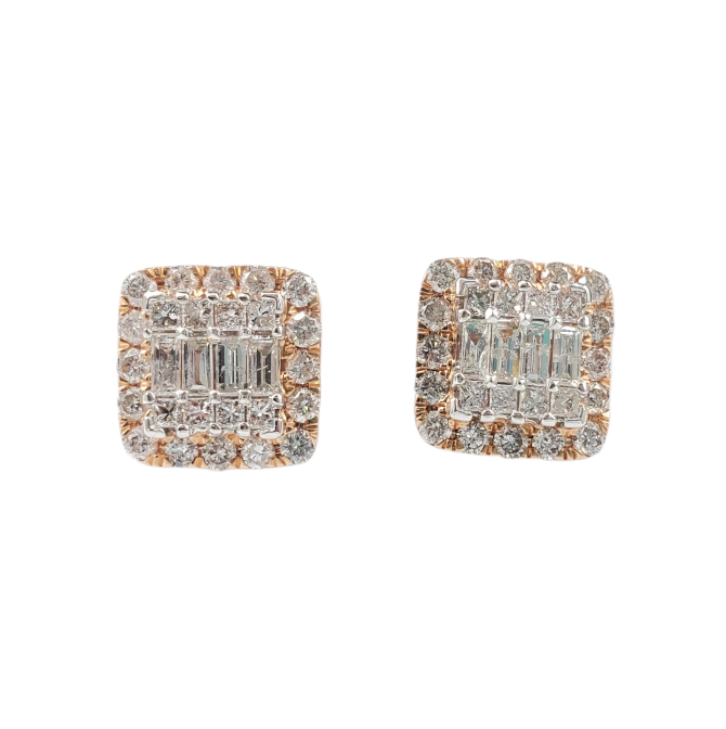 Baguette Diamond Square Earrings 1.30ct 14k Rose Gold