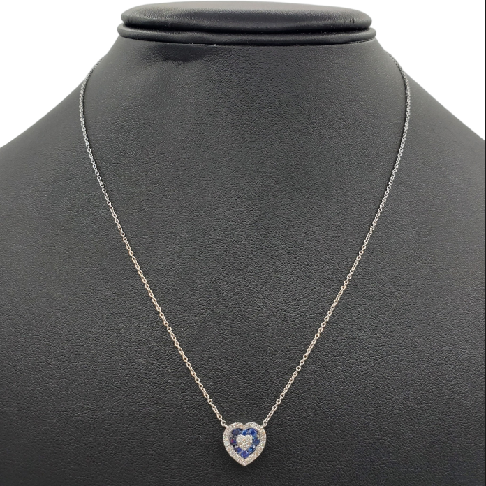 Diamond and Blue Stones Heart with Gold Chain 0.55ct 14K White Gold